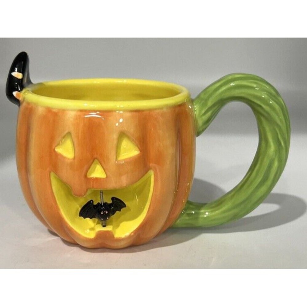 Vtg Halloween Mug Spinning Bat Jack O Lantern Pumpkin Vine Handle 3D Ceramic Cup